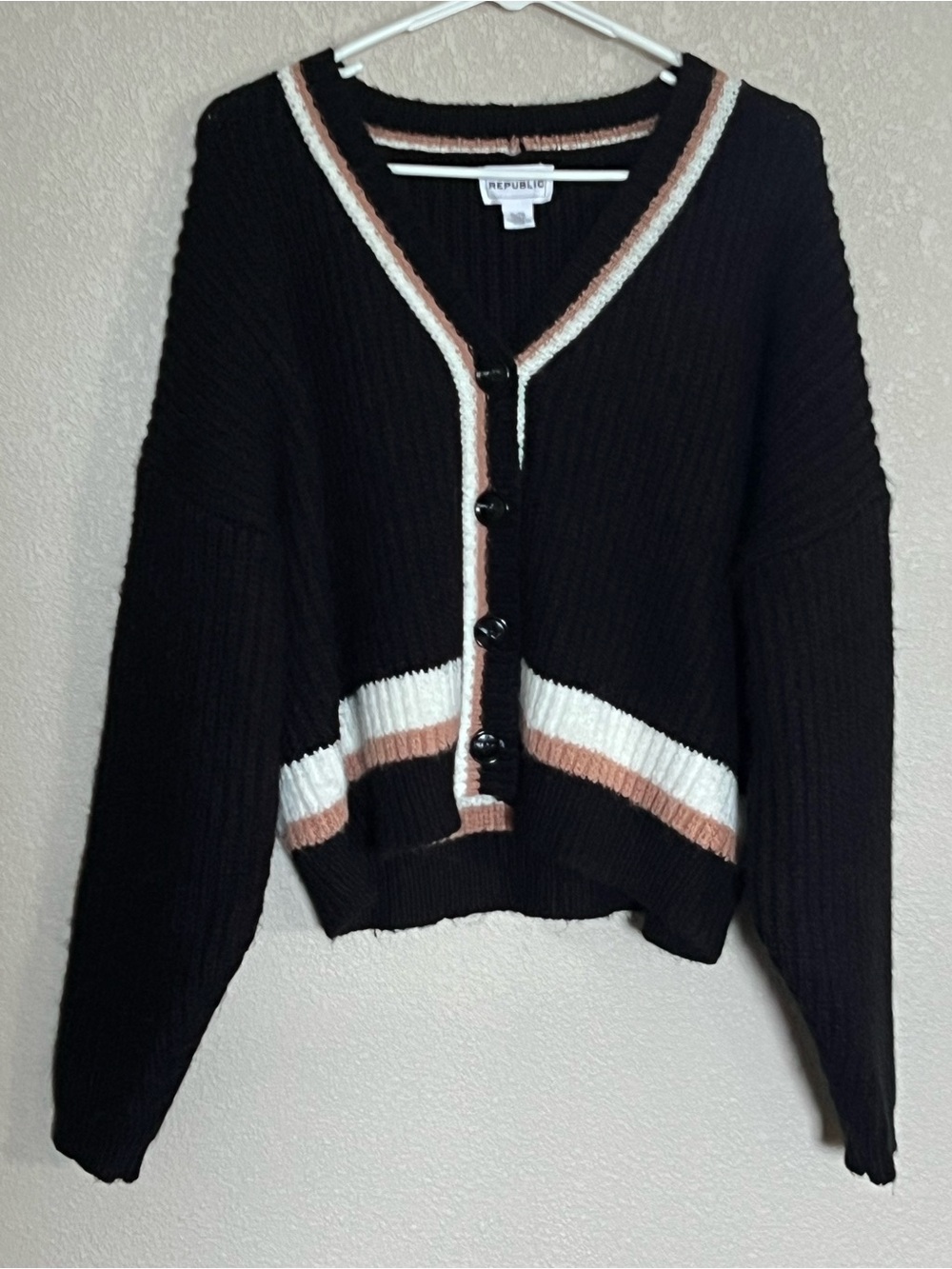 Slouchy oversized shoes Ribbed V-Neck Button Cardigan with Cream & Tan Stripe